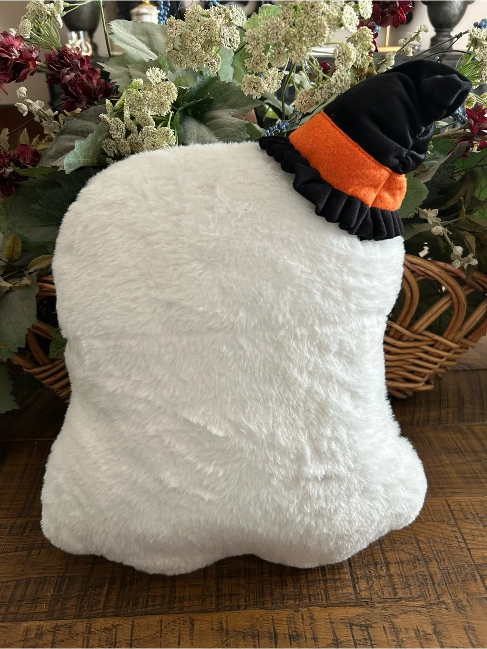Plush White Ghost Accent Pillow with Orange & Black Hat